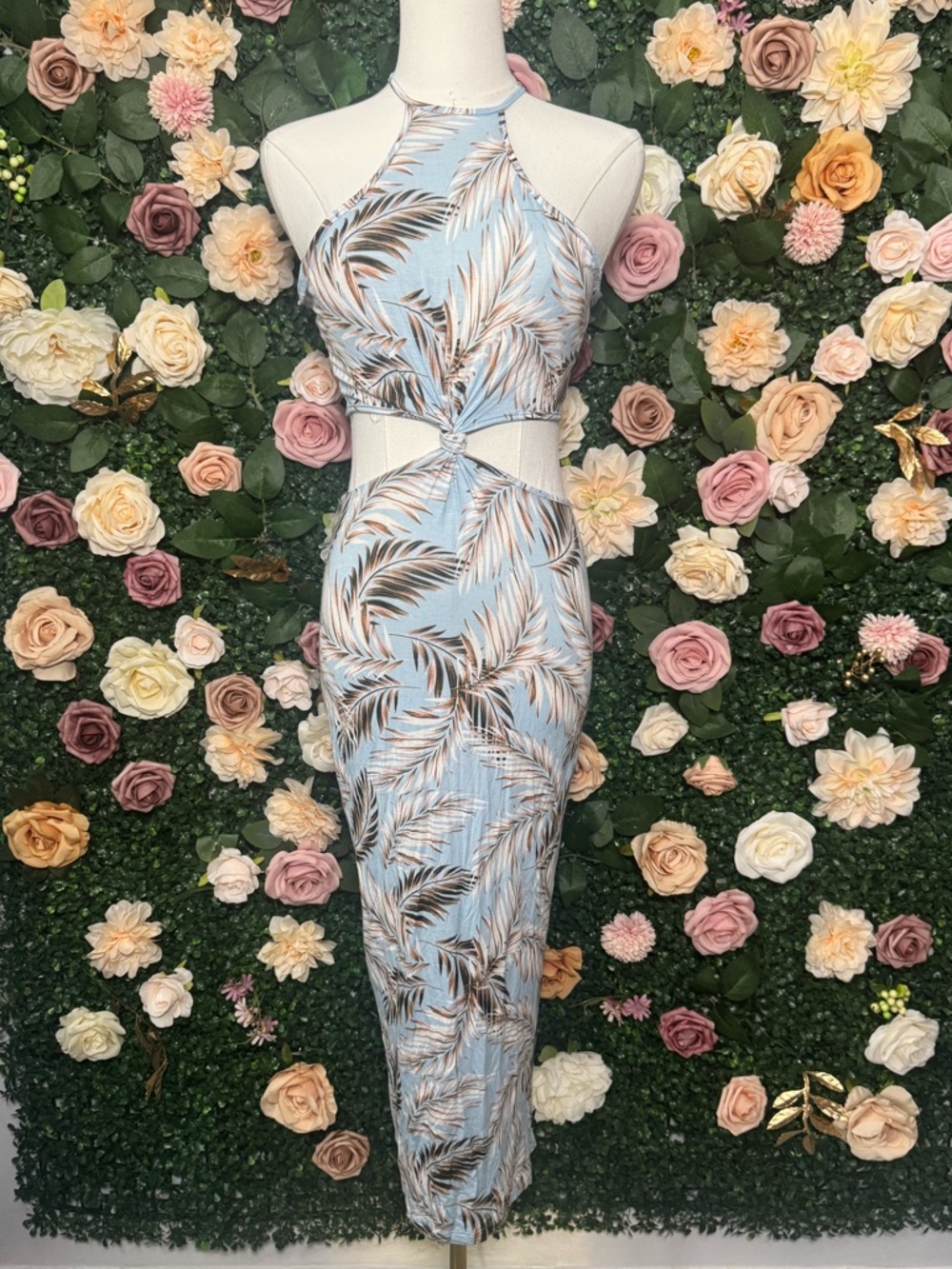 Light Blue Palm-Print Halter Cutout Midi Dress NWT